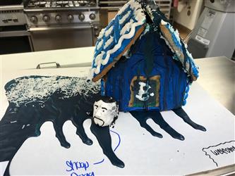 A blue gingerbread house